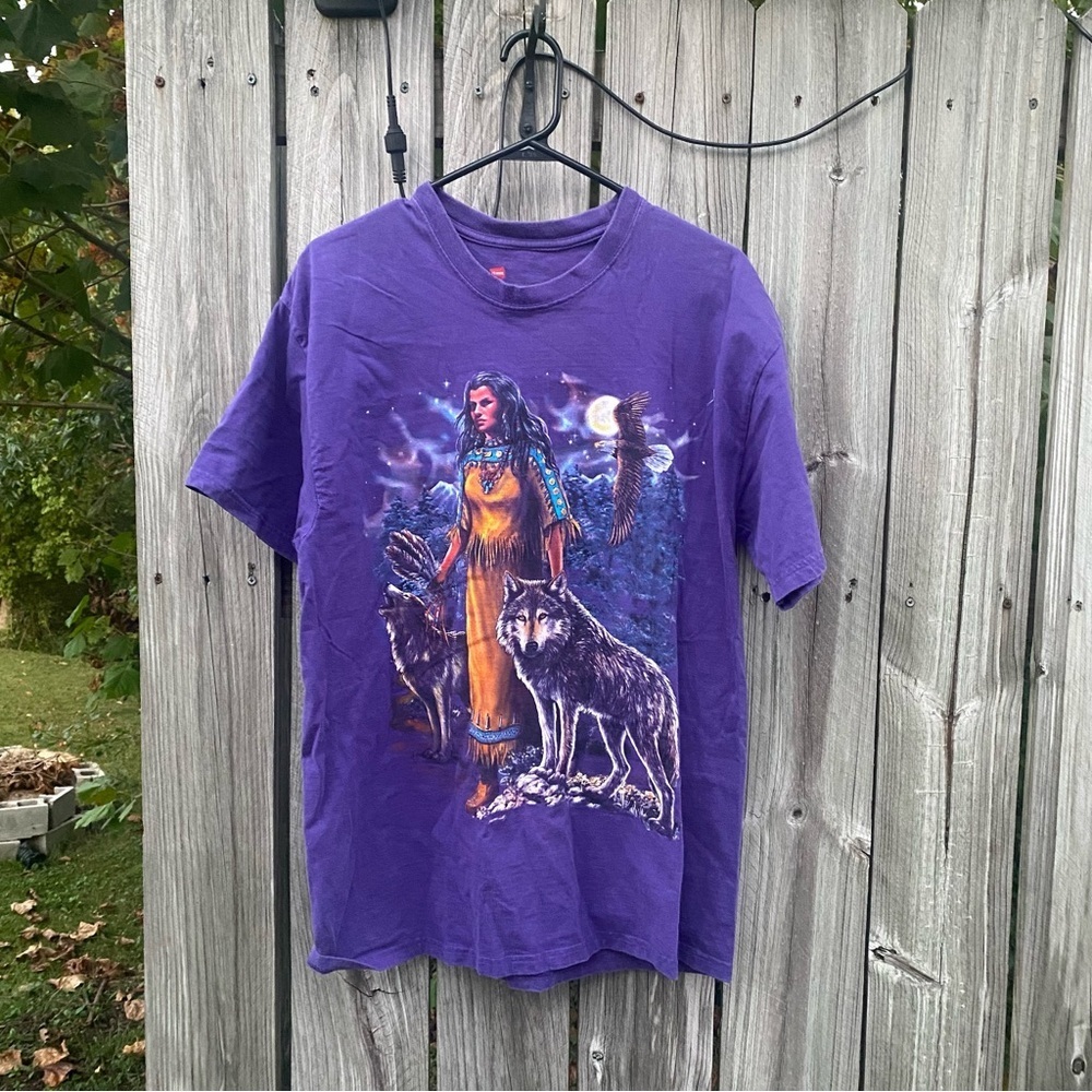 Wolf Eagle Nature Graphic Hanes T-Shirt Mens Large Purple
